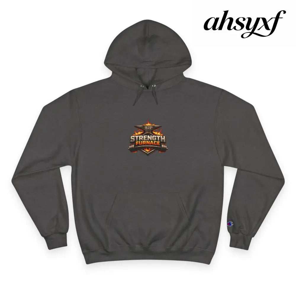 Strength Furnace Hoodie, Flaming Skull Barbell Gym Sweatshirt - Charcoal Heather / S - Hoodie