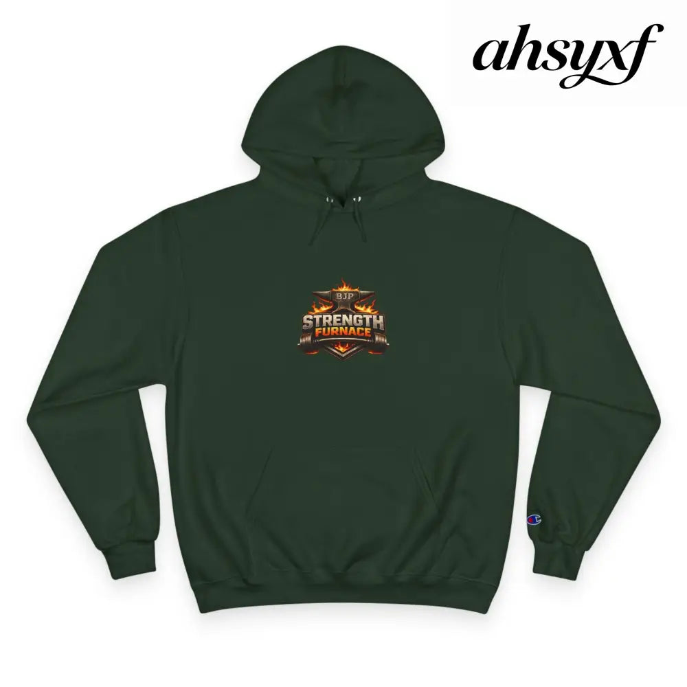 Strength Furnace Hoodie, Flaming Skull Barbell Gym Sweatshirt - Dark Green / S - Hoodie