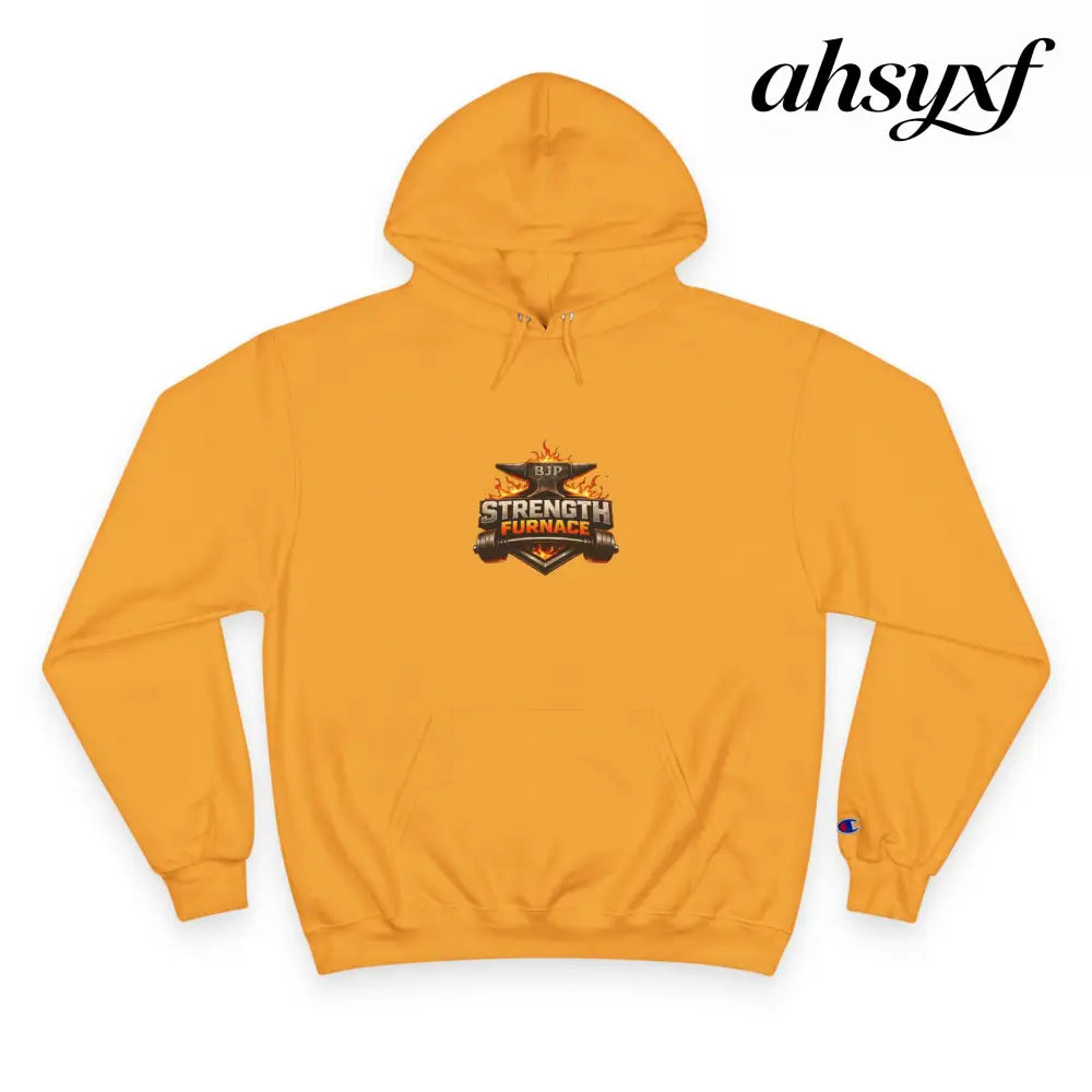 Strength Furnace Hoodie, Flaming Skull Barbell Gym Sweatshirt - Gold / S - Hoodie