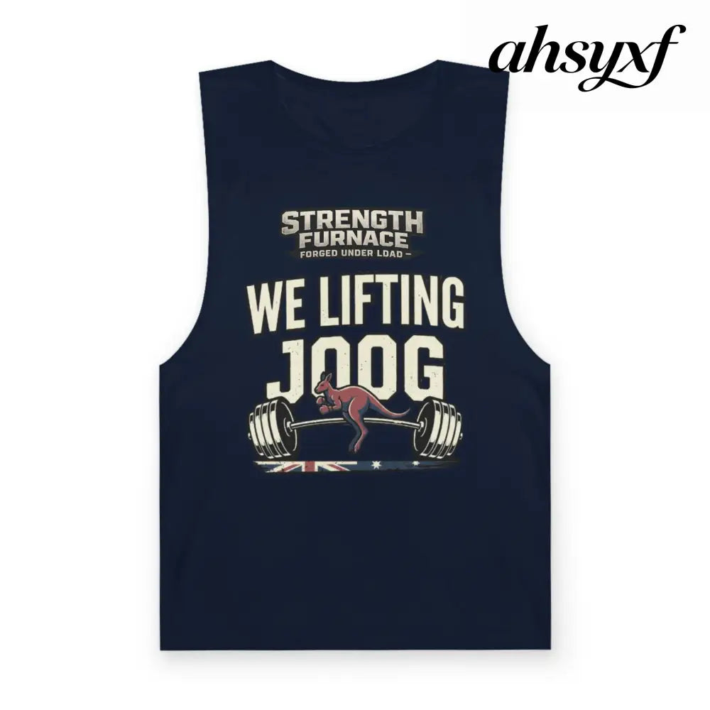Strength Furnace ’We Lifting 100G’ Gym Tank Top, Skull & Barbell Workout Shirt - Navy / XS - Tank Top