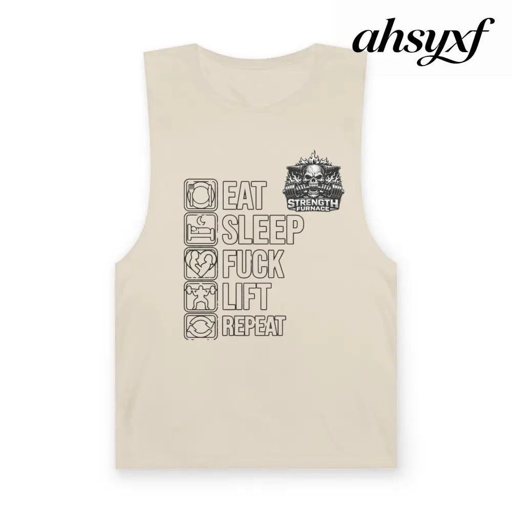 Workout Tank Top, ’Eat Sleep Fuck Lift Repeat’ Gym Muscle Tee - Ecru / XS - Tank Top