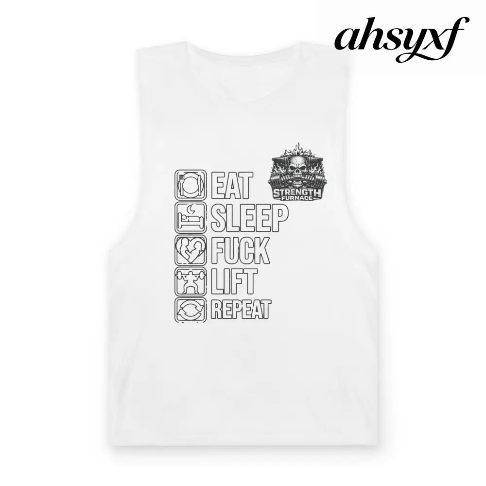 Workout Tank Top, ’Eat Sleep Fuck Lift Repeat’ Gym Muscle Tee - White / XS - Tank Top